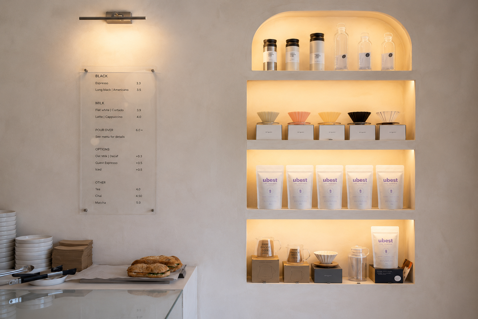 A luxury minimalist café with warm afternoon light and stone counters.